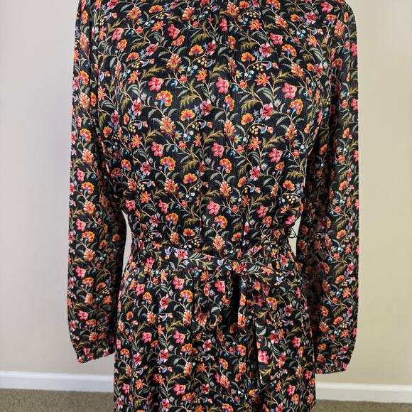 Loft Black Shimmer Floral Ruffle Flare Mini Dress US Womens S Petite New - Picture 4 of 7